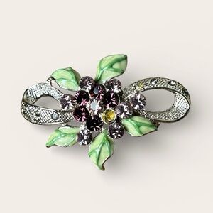 Vintage Rhinestone Floral Brooch Multicolour Crystal Silver Tone